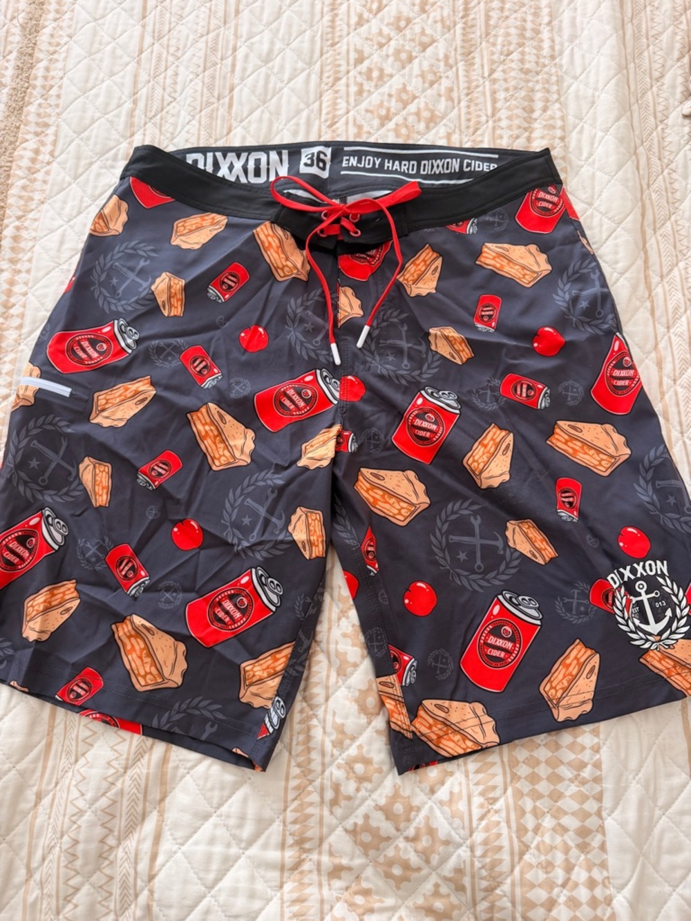 DIXXON Black Swim Shorts with Red & Tan Cider & Pie Print